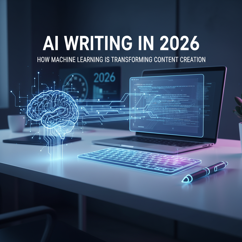 Professional blog header image for article titled: AI Writing in 2026: How Machine Learning is Transforming Content Creation. High quality, relevant imagery, clean composition.