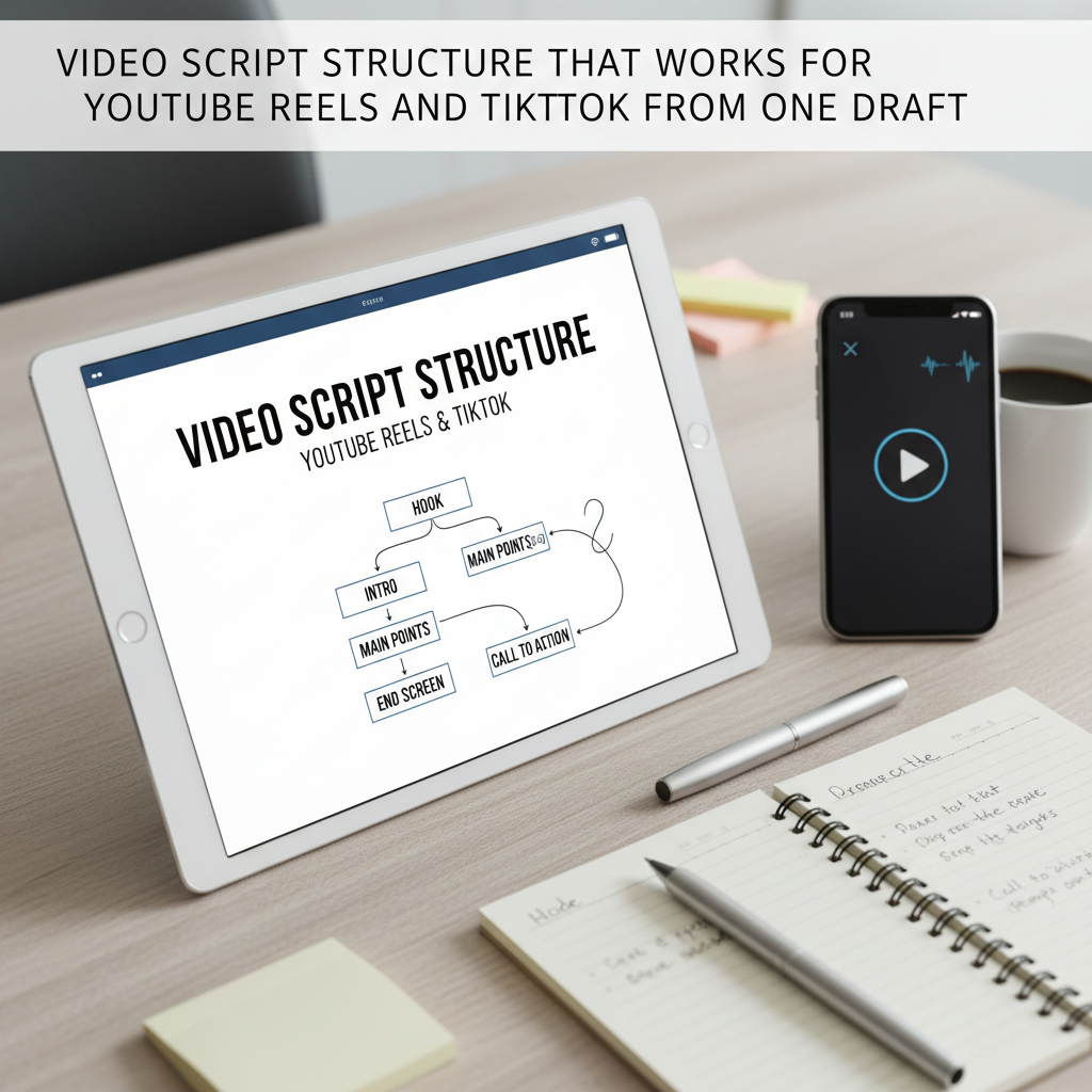 Professional blog header image for article titled: Video Script Structure That Works for YouTube Reels and TikTok From One Draft. High quality, relevant imagery, clean composition.