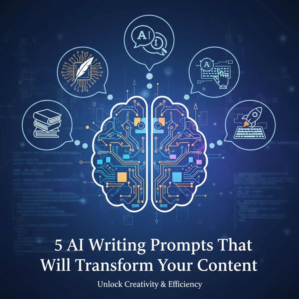 Professional blog header image for article titled: 5 AI Writing Prompts That Will Transform Your Content. High quality, relevant imagery, clean composition.