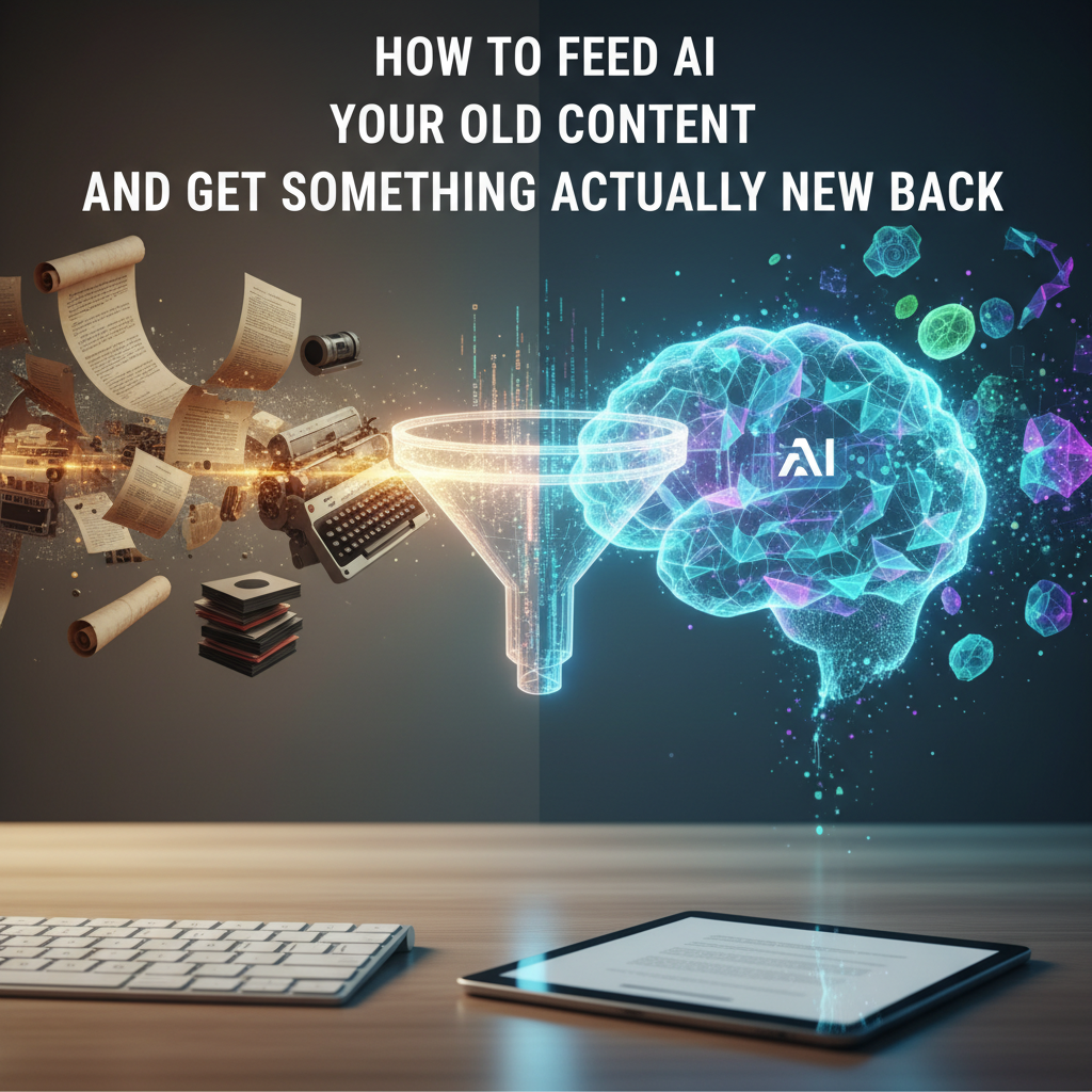 Professional blog header image for article titled: How to Feed AI Your Old Content and Get Something Actually New Back. High quality, relevant imagery, clean composition.