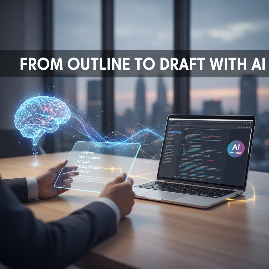 Professional blog header image for article titled: From Outline to Draft with AI. High quality, relevant imagery, clean composition.