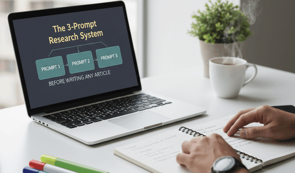 Professional blog header image for article titled: The 3-Prompt Research System I Use Before Writing