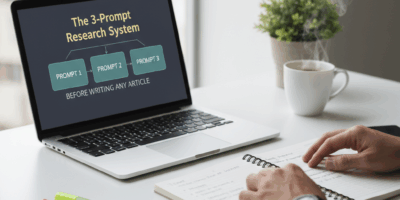 Professional blog header image for article titled: The 3-Prompt Research System I Use Before Writing