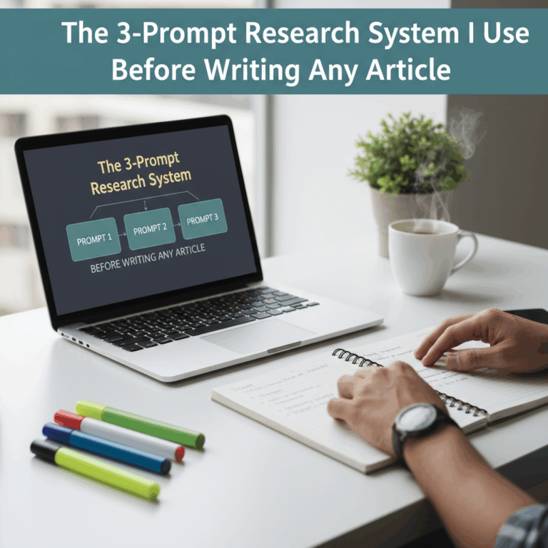 Professional blog header image for article titled: The 3-Prompt Research System I Use Before Writing