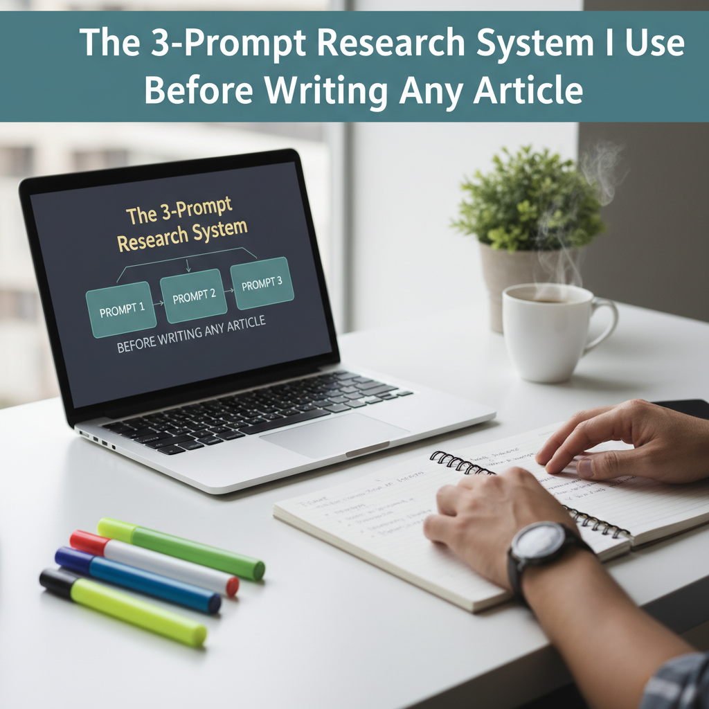 Professional blog header image for article titled: The 3-Prompt Research System I Use Before Writing Any Article. High quality, relevant imagery, clean composition.