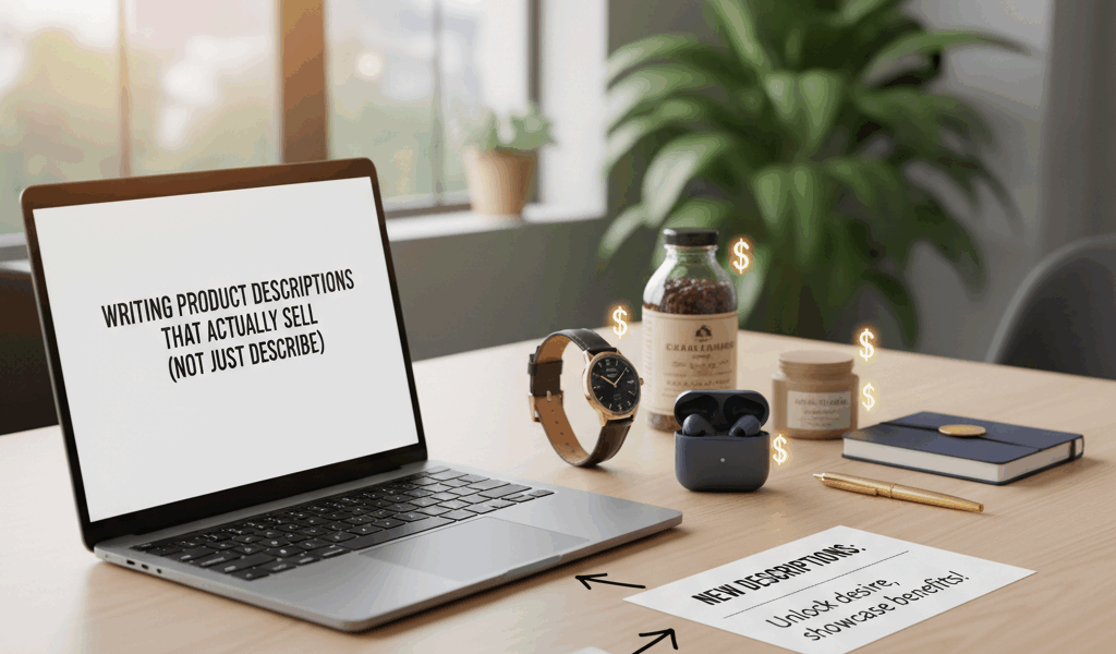 Professional blog header image for article titled: Writing Product Descriptions That Actually Sell (