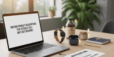 Professional blog header image for article titled: Writing Product Descriptions That Actually Sell (