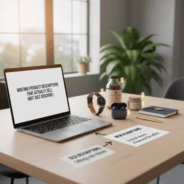 Professional blog header image for article titled: Writing Product Descriptions That Actually Sell (
