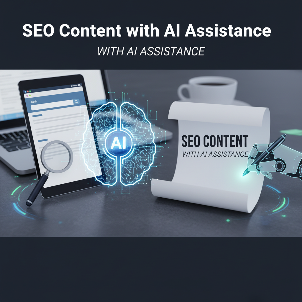 Professional blog header image for article titled: SEO Content with AI Assistance. High quality, relevant imagery, clean composition.