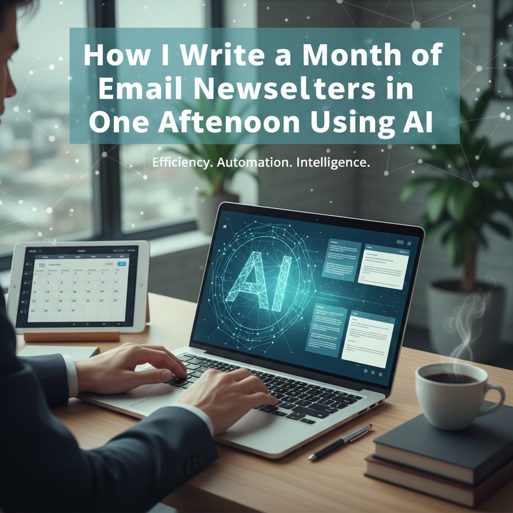 Professional blog header image for article titled: How I Write a Month of Email Newsletters in One Afternoon Using AI. High quality, relevant imagery, clean composition.