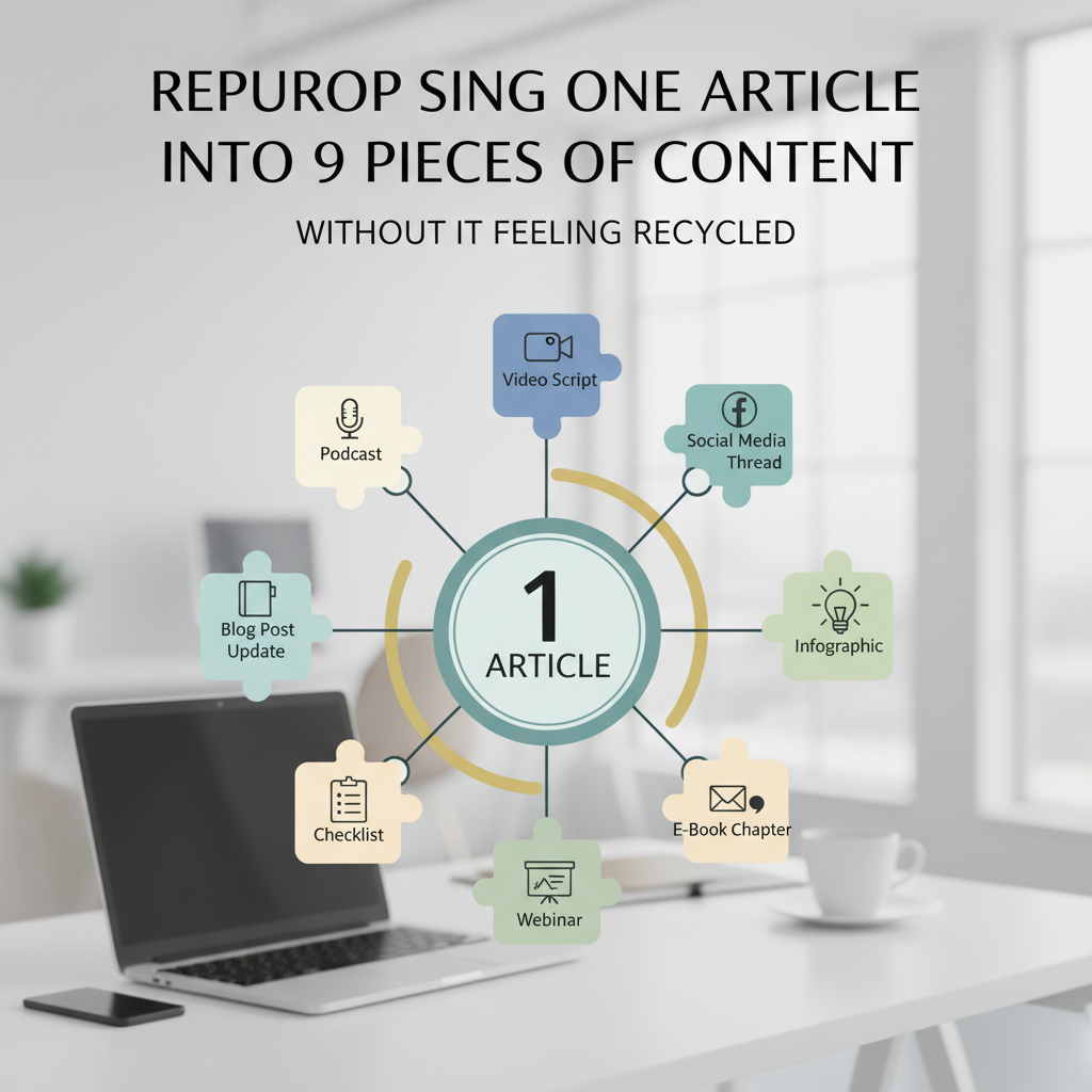 Professional blog header image for article titled: Repurposing One Article Into 9 Pieces of Content Without It Feeling Recycled. High quality, relevant imagery, clean composition.