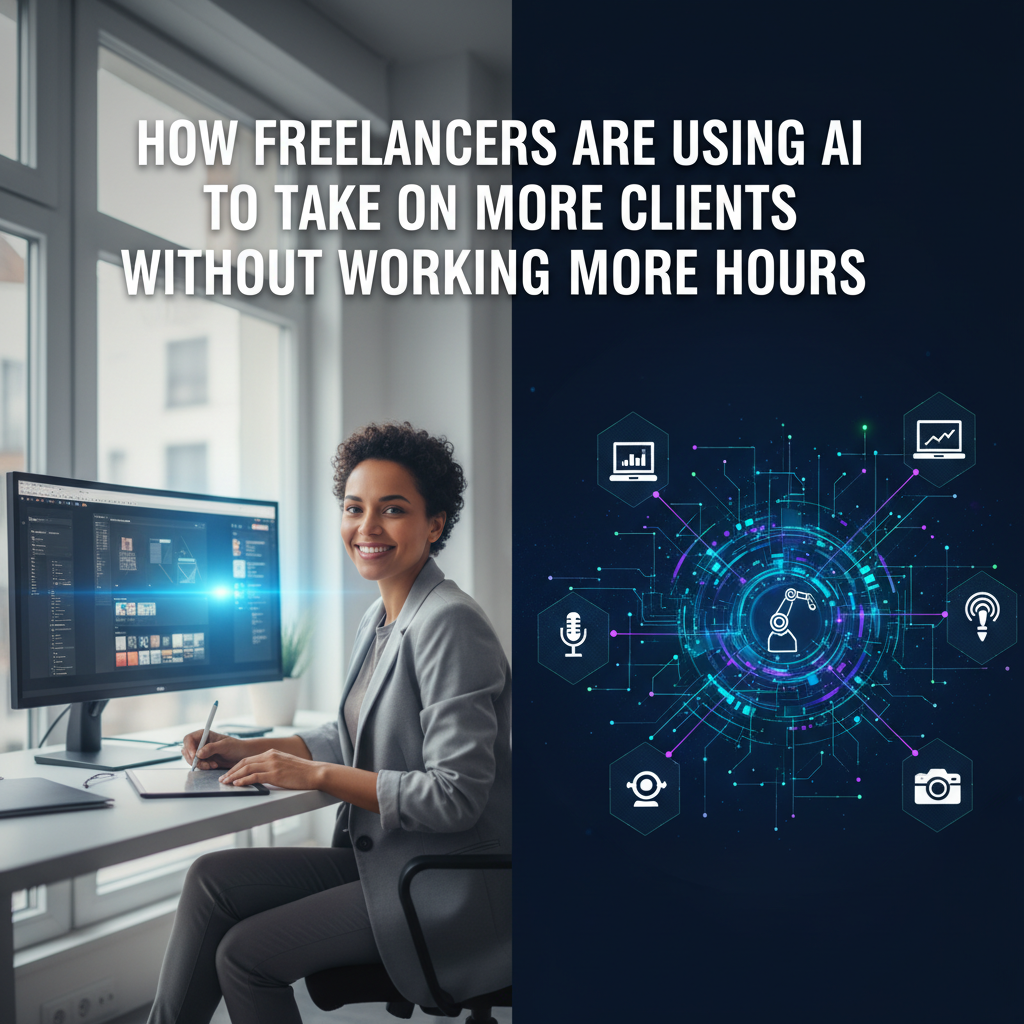 Professional blog header image for article titled: How Freelancers Are Using AI to Take On More Clients Without Working More Hours. High quality, relevant imagery, clean composition.
